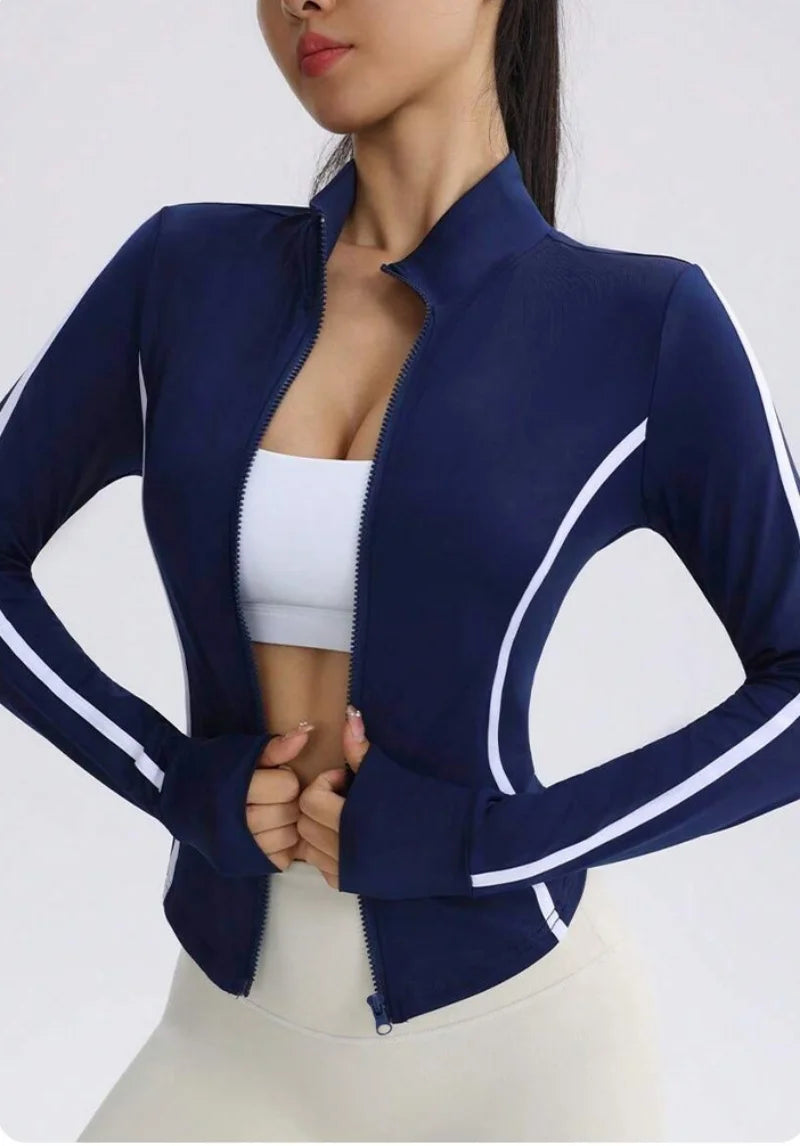 Women Navy Blue Yoga Jacket with White Contrast Stitching Slim Fit Full Zip Up Track Jacket High Neck Activewear Top for Workout