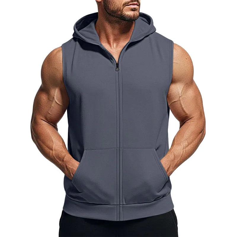 Minimal Solid Sleeveless Zip Hoodie for Men With Pockets, Comfort Breathable Fitness Casual Summer Tops