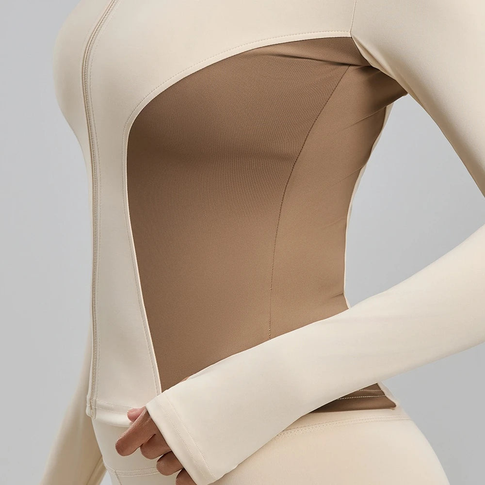 Color Blocked Slimming Yoga Jacket Women Autumn Winter Zipper Long Sleeve Thumb Sports Coat Gym Running Fitness Tops Large Size