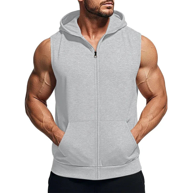 Minimal Solid Sleeveless Zip Hoodie for Men With Pockets, Comfort Breathable Fitness Casual Summer Tops