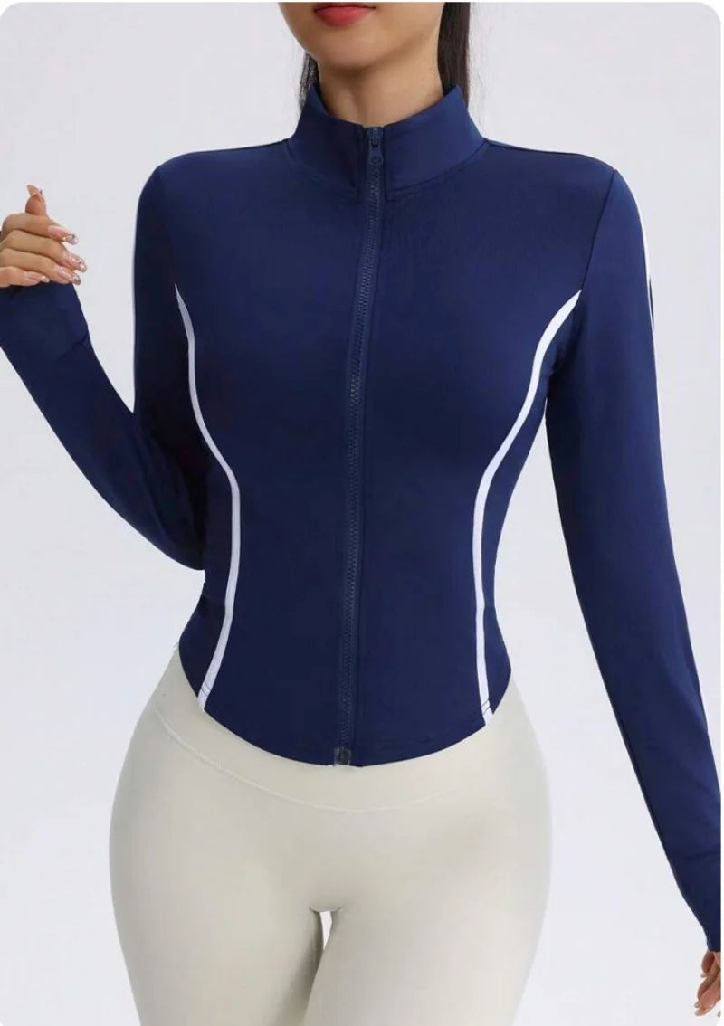 Women Navy Blue Yoga Jacket with White Contrast Stitching Slim Fit Full Zip Up Track Jacket High Neck Activewear Top for Workout