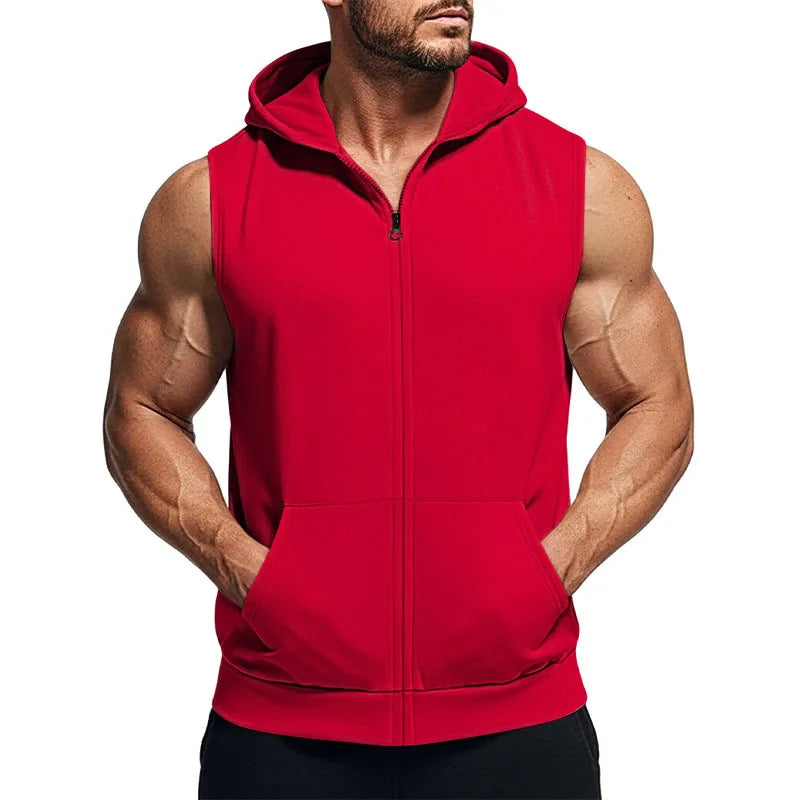 Minimal Solid Sleeveless Zip Hoodie for Men With Pockets, Comfort Breathable Fitness Casual Summer Tops