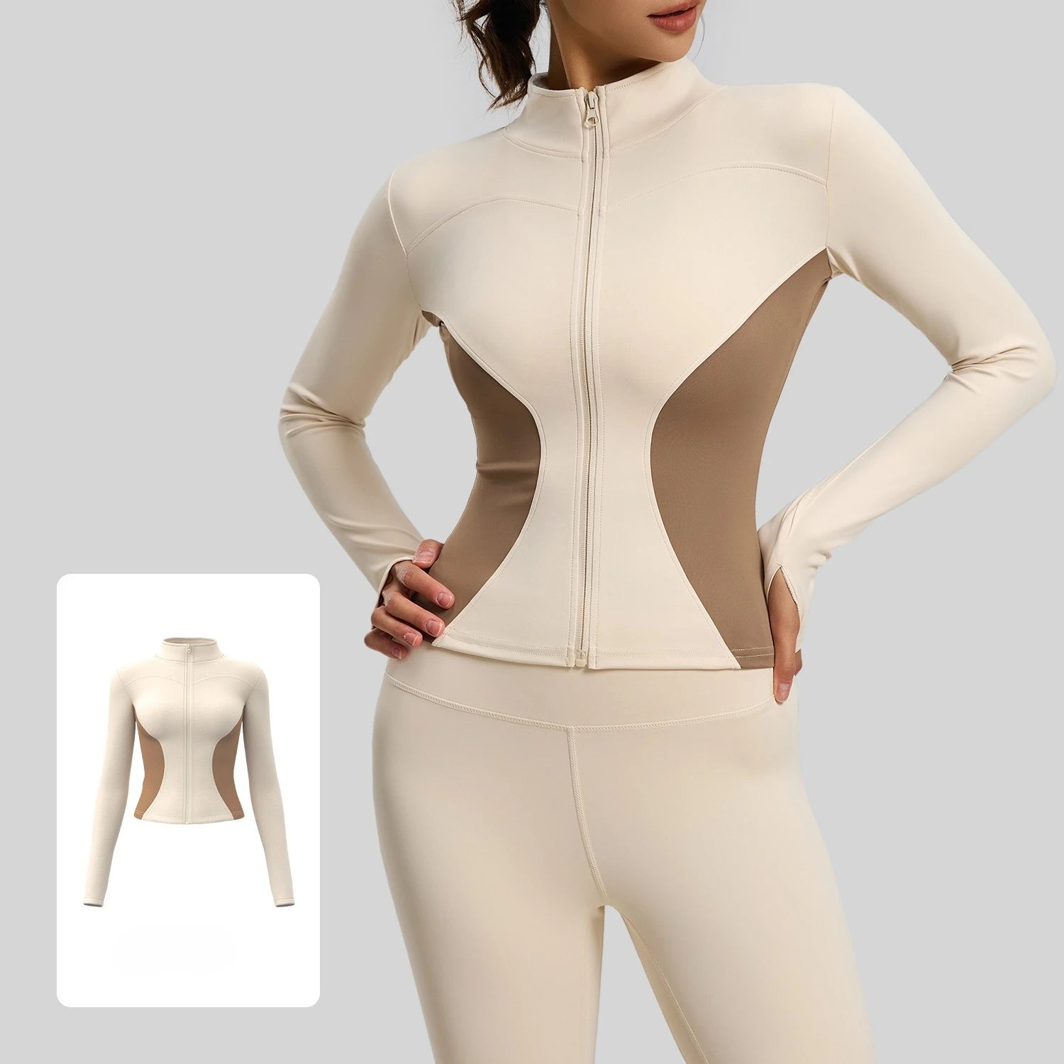 Color Blocked Slimming Yoga Jacket Women Autumn Winter Zipper Long Sleeve Thumb Sports Coat Gym Running Fitness Tops Large Size
