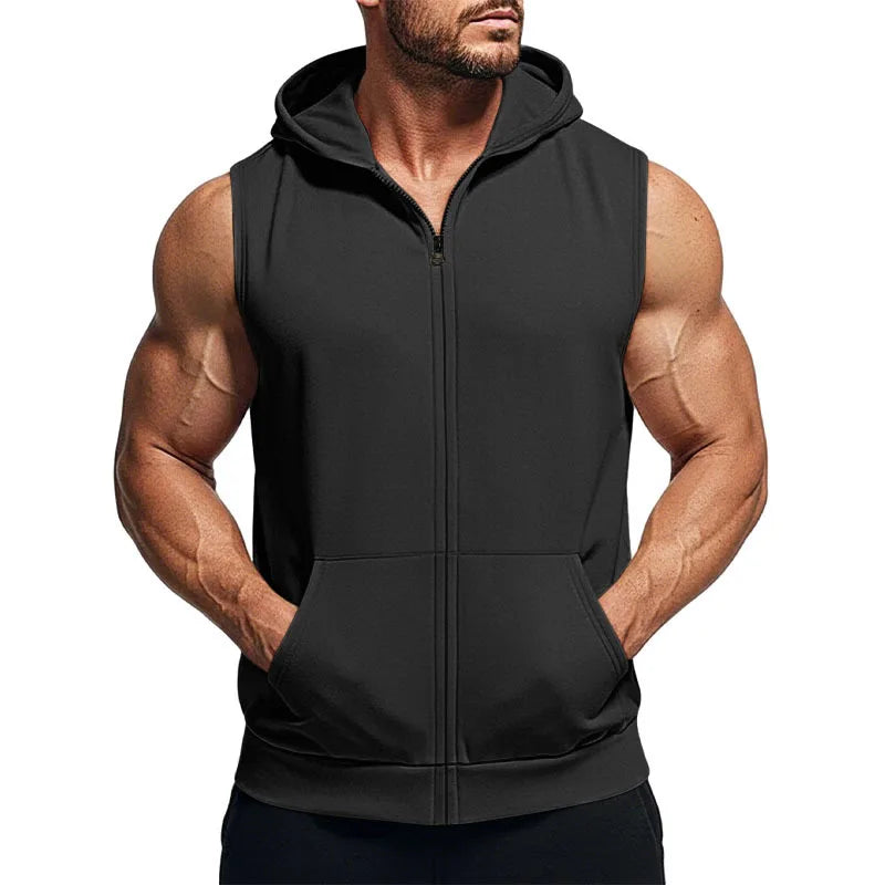 Minimal Solid Sleeveless Zip Hoodie for Men With Pockets, Comfort Breathable Fitness Casual Summer Tops