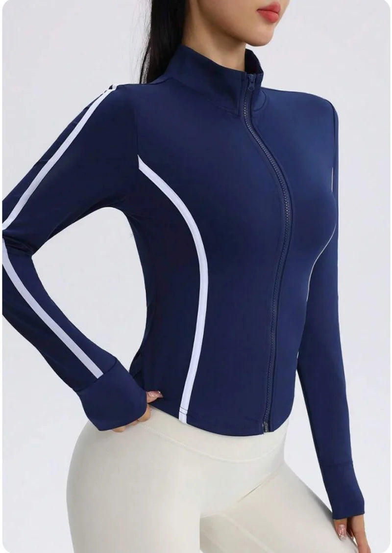 Women Navy Blue Yoga Jacket with White Contrast Stitching Slim Fit Full Zip Up Track Jacket High Neck Activewear Top for Workout