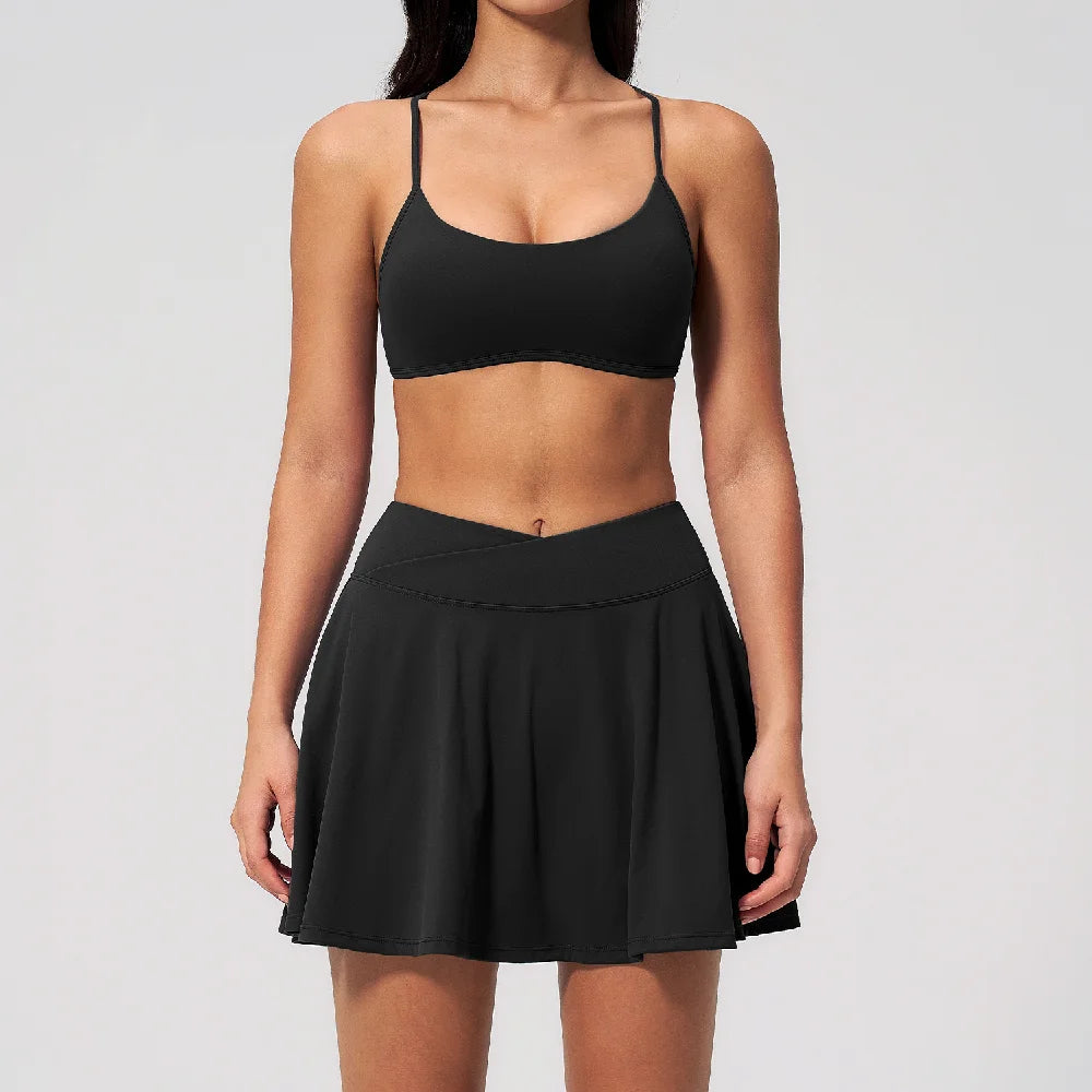 2 Piece Summer Fitness Tennis Set Women Crossover V Waist Yoga Skirt Breathable Sports Bra Outfits Gym Workout Yoga Skirt Suit