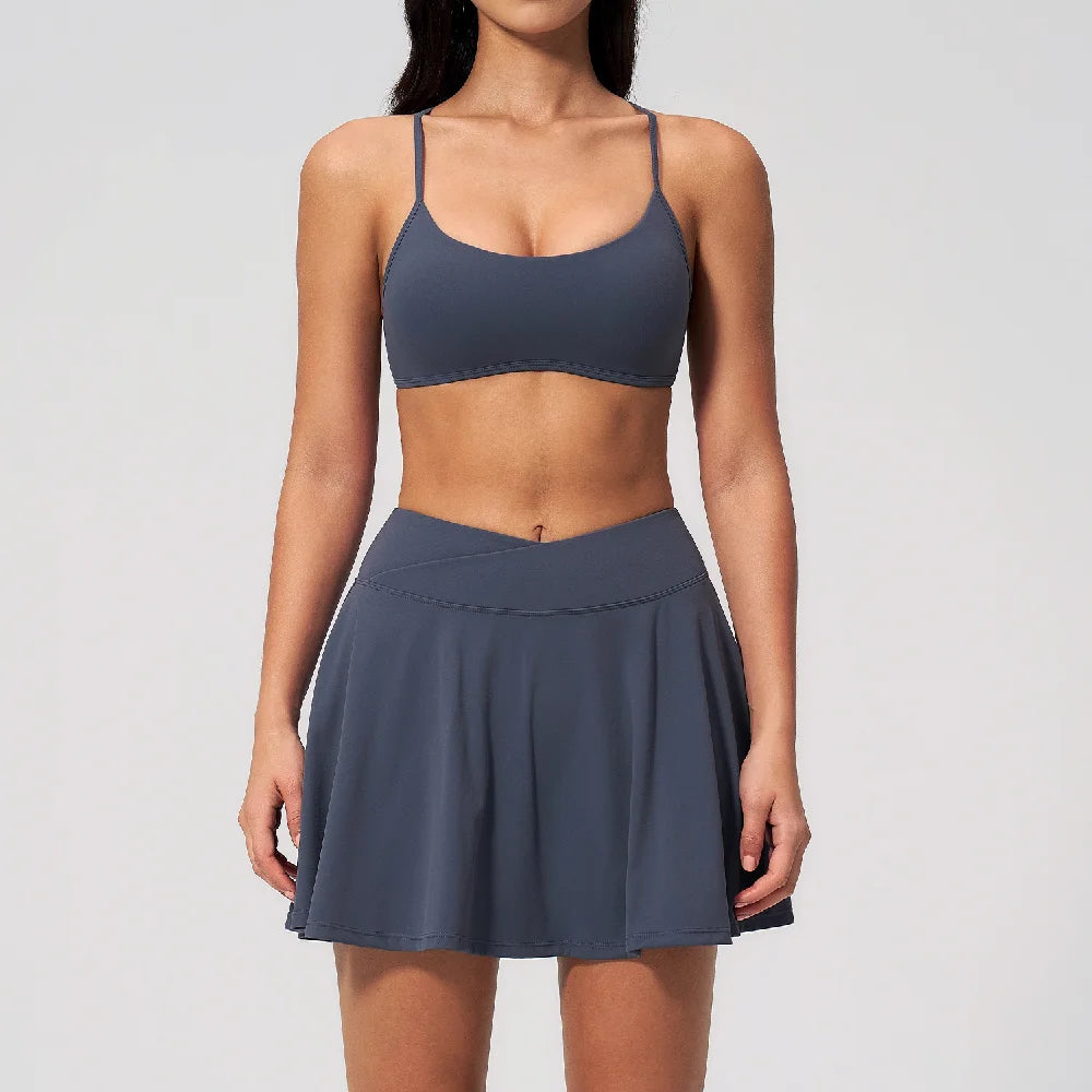 2 Piece Summer Fitness Tennis Set Women Crossover V Waist Yoga Skirt Breathable Sports Bra Outfits Gym Workout Yoga Skirt Suit
