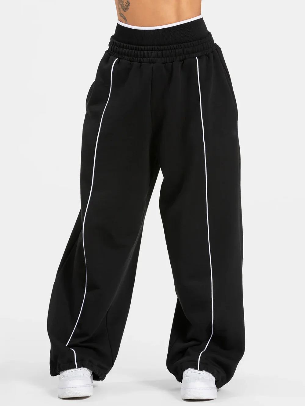 NCLAGEN Contrastline Wide Leg Joggers Women Cotton Running Trousers Mid Waist Casual Loose Sports Yoga Pants With Back Pocket