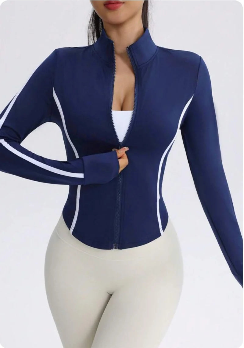 Women Navy Blue Yoga Jacket with White Contrast Stitching Slim Fit Full Zip Up Track Jacket High Neck Activewear Top for Workout