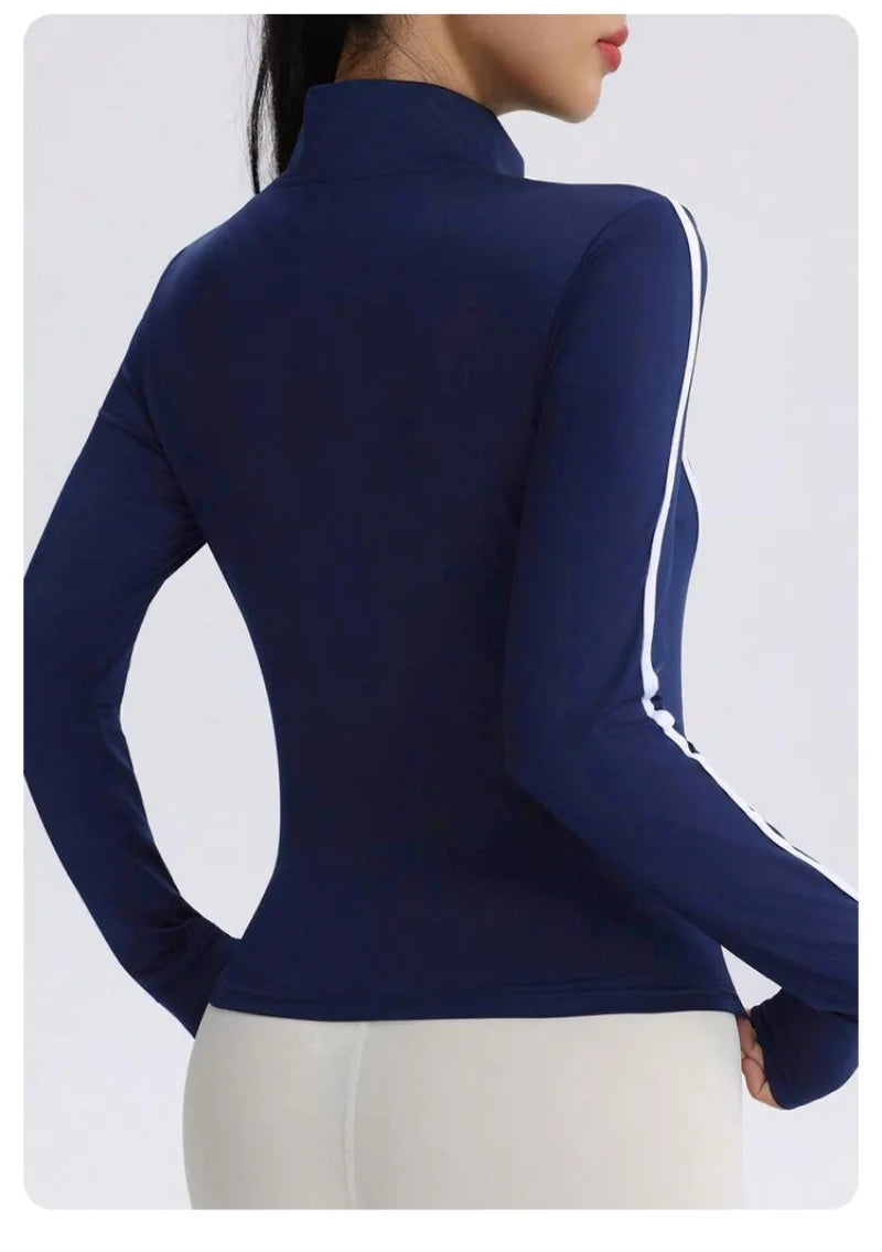 Women Navy Blue Yoga Jacket with White Contrast Stitching Slim Fit Full Zip Up Track Jacket High Neck Activewear Top for Workout