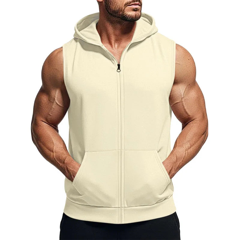 Minimal Solid Sleeveless Zip Hoodie for Men With Pockets, Comfort Breathable Fitness Casual Summer Tops